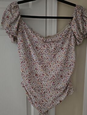 Free People Bella Floral Ruched Puff Sleeve Bodysuit